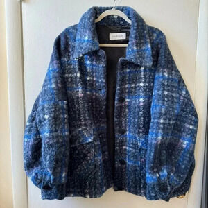 NWT Calvin Klein Plaid Shirt Jacket Coat Blue Plaid Collar Fleece $280